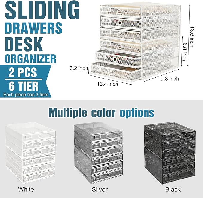 Zhanmai 2 Pack White Desk Organizer with Drawer Total Wire Mesh Storage Tray Multifunctional Paper Sorter File Stand for Home Office Supplies Letter A4 Paper Office Accessories Back to School (3 Tier)