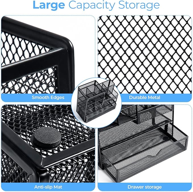 M&G Mesh Pen Holder for Desk, Multi-Functional Pencil Holder with Drawer Desk Organizer, Large Capacity Office Desk organizers and Accessories (Black)