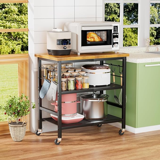 Rolling Kitchen Microwave Cart, 3 Tier Microwave Stand with Wheels, Bathroom Organizers and Storage Shelf, Coffee Bar Table Station, Utility Side Table for Kitchen, Living Room Office, Brown