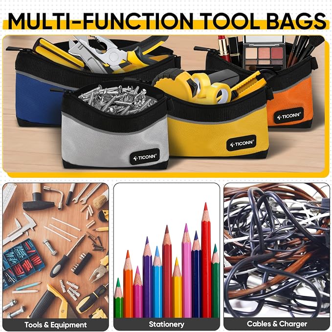 TICONN Tool Pouches with Zipper, 1680D Oxford Small Tool Bags, Waterproof Utility Bag Zipper Pouch for Tool Organizers and Storage (3 Pack Large)