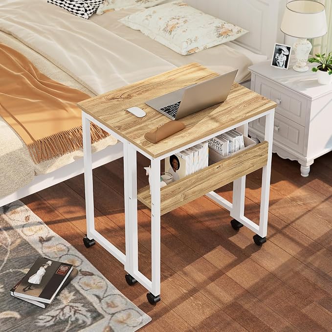 GreenForest Folding Desk with Wheels, 31.5" Rolling Table for Small Spaces | Storage Shelf, Lockable Casters, Compact Portable Workstation, Space-Saving Foldable Sofa Table, Home Office, Mobile, Oak