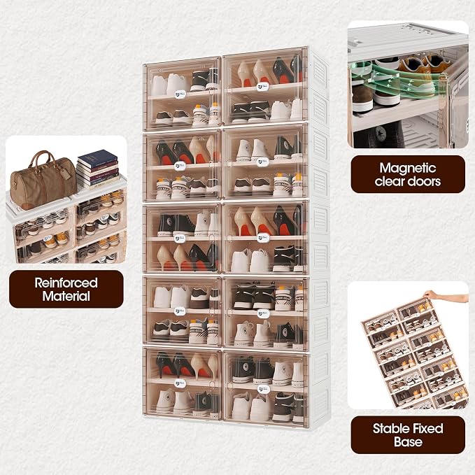 32 Pairs Shoes Storage Cabinet of 3-Step Fast Installation,Plastic Shoe Rack with Clear Magnetic Door for Display, Shoe Organizer for Sneaker, Sandals, Heels (2 Row, 8 Tier)