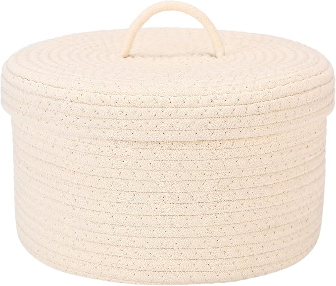 Sea Team Round Cotton Rope Storage Basket with Lid, Lidded Woven Storage Bin, Nursery Storage Container, Diaper Caddy, Baby Shower Basket, Box, Organizer, 11.8 x 11.8 x 6.7 Inches (Medium, Cream)