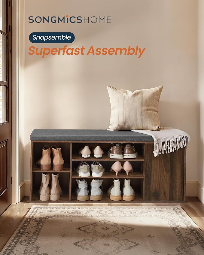 SONGMICS Home Storage Bench, Snapsemble Superfast Assembly, 41" Wide Entryway Shoe Bench with Cushion & Adjustable Shelves, Shoe Rack Cabinet, Natural Walnut and Slate Gray ULHS391KE04S