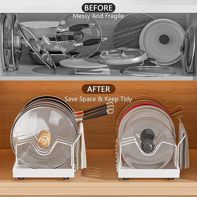White Pull Out Pot Lid Organizer, Cabinet Pan Rack, 8 Dividers | 2-pack black carbon steel rack, 16 adjustable dividers, quiet slide rails, adhesive or screw mount for lids, pans, bakeware