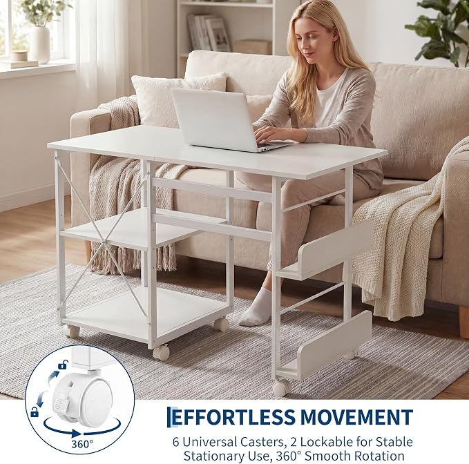 Garvee Folding Desk with Wheels, 31.5" Foldable Computer Desk with Storage Shelf, Space Saving Rolling Home Office Desk for Small Spaces, Portable Writing Table with Side Organizer, White