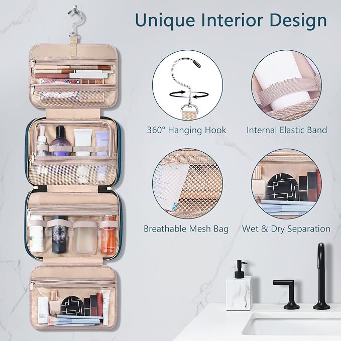 Wedama Toiletry Bag for Women, Hanging Travel Toiletry Bag with Jewelry Organizer Compartment Large Makeup Bag, PVC Waterproof Cosmetic Travel Bag for Travel Business Trips Camping Bathroom, Blue