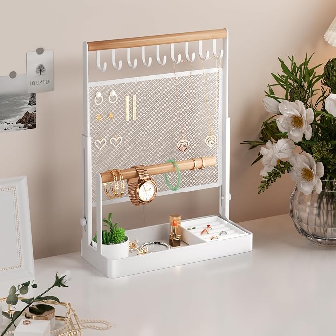 Jewelry Organizer Stand with Velvet Ring Holder, Liftable Necklace Holder with Earring Organizer Net, 9 Hooks Necklaces Storage Wooden Handing Bar for Bracelets Watches Rings (White)
