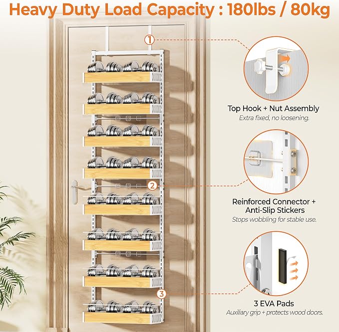 8-Tier White Door Mounted Hanging Spice Rack Shelves for Kitchen Home | Over-Door Pantry Organizer Spice Rack Back of Door Organizer and Storage with Anti-drop Rod & Adjustable Basket