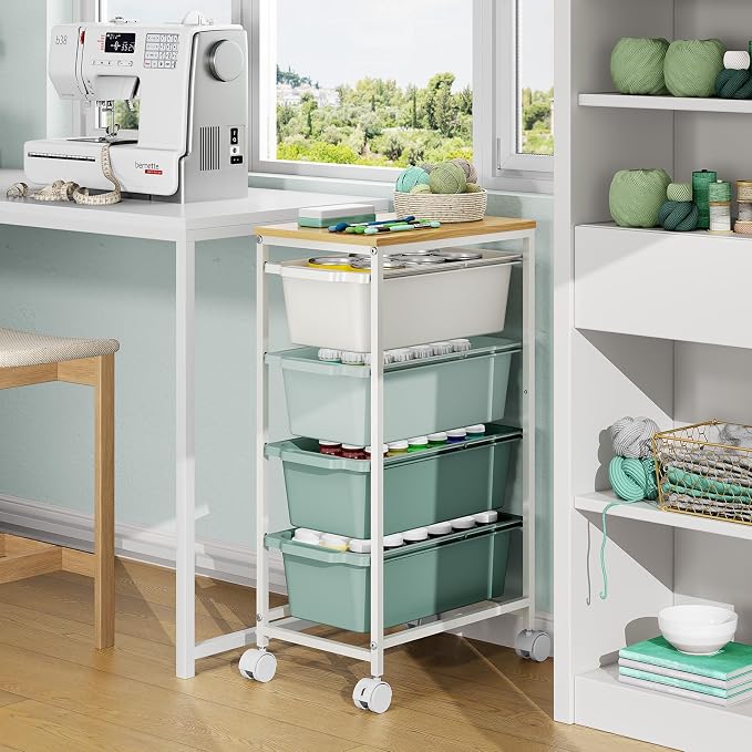 Slim Rolling Storage Cart with 4 Drawers, Craft Organizer, Wooden Tabletop Utility Cart for Bedroom, Children's Room and Office Organization, Table Side Trolley with Lockable Wheels, Green