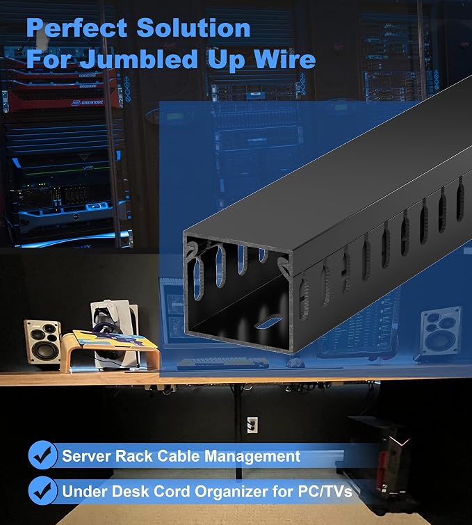 1.4"H x 1.6"W Cable Raceway, 12ft Under Desk Wire Management Channel, Black | Slotted Wire Duct, 4 Pack (3 ft Each), Heavy-Duty PVC Cable Management for Server Racks, Network Cables & Electrical Cabinets