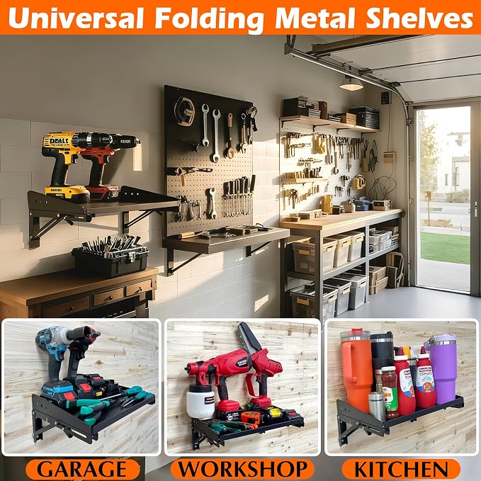 MUTUACTOR Heavy Duty Wall Mounted Shelf,2-Pack Wall Storage Shelves for Garage Storage,15.7” Foldable Metal Shelves Wall Mounted for Garage,Kitchen,Laundry Room,Workshop