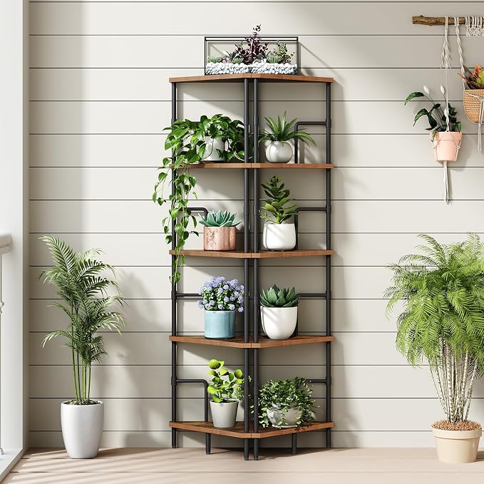MAHANCRIS 5-Tier Corner Shelf, 52.8" Tall Corner Bookshelf with Metal Frame, Narrow Display Shelf Stand, Industrial Corner Bookcase for Living Room, Bedroom, Home Office, Rustic Brown CSHR5501