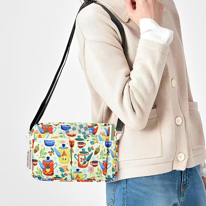 Portfolio Organizer with Multiple Pockets, Waterproof Travel Zippered Cosmetic Bag, Portable Storage Bag for Notebooks, Stationeries, Make-up, Journal Office Art Supplies.Yellow Teapot