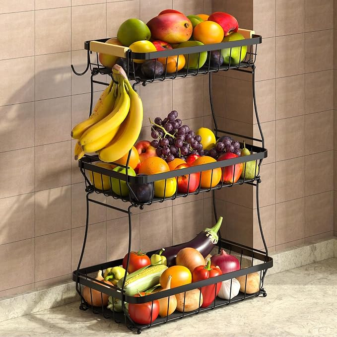Sevenblue 3-Tier Fruit Basket with Banana Hangers, Detachable Metal Bowl | Wooden handle, protective mats included. Versatile holder for bread, snacks, and veggies. Large 3 tier metal design.