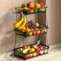 Sevenblue 3-Tier Fruit Basket with Banana Hangers, Detachable Metal Bowl | Wooden handle, protective mats included. Versatile holder for bread, snacks, and veggies. Large 3 tier metal design.