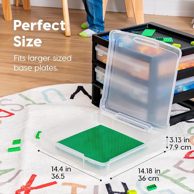 IRIS USA Fits 12" x 12" Paper, 3-Tier Desk Top Storage Unit with Organizer Top, for Office Art & Craft Supplies, Pens Pencils Sticky Notes Paper Clips, 3 Clear Cases w/ Built in Handle - Black/Clear