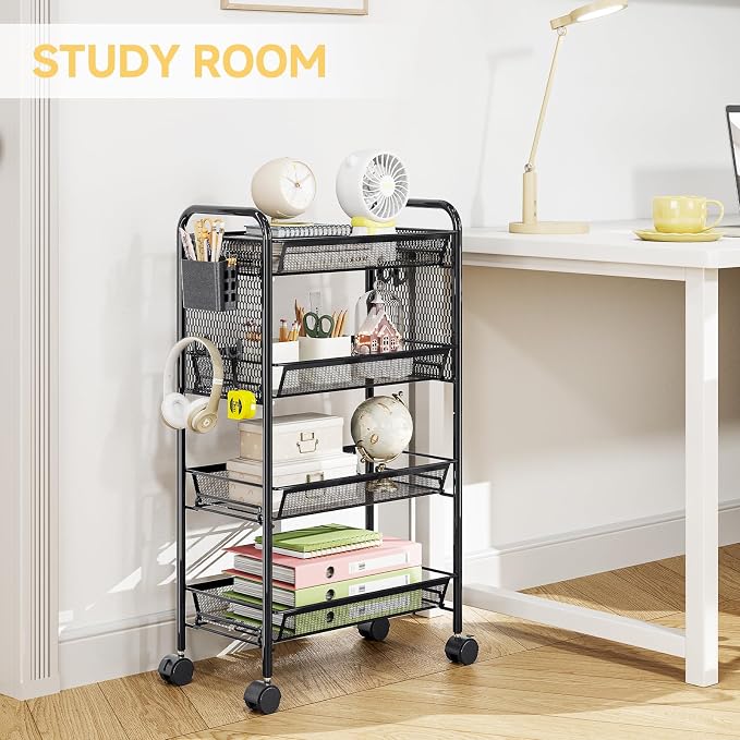 4 Tier Metal Rolling Utility Cart - Heavy Duty Storage Trolley with Pegboard, 4 Hooks & 1 Bin, Mobile Organizer Shelves for Bathroom Kitchen Office Craft Room Laundry, Black