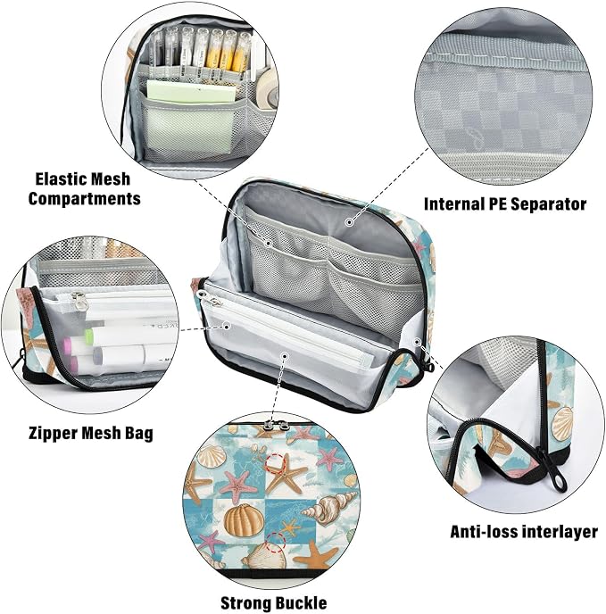 Wusikd Pencil Pouch Storage Pouch Seashells Pencil Case Large Capacity Desk Organizer Stationery Makeup Bag Marker Starfish Big Pen Case for Teen Boys Girls School Students