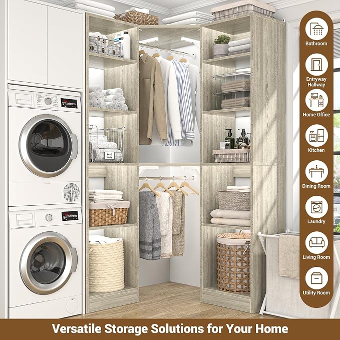 Besiost Corner Closet System with 12 Shelves, 39.2" Corner Closet Organizer System with 2 Hanging Rods, Versatile 6-Tier Walk-in Closets for Corner Space, White Oak (39.2" L x 39.2" W x 80" H)