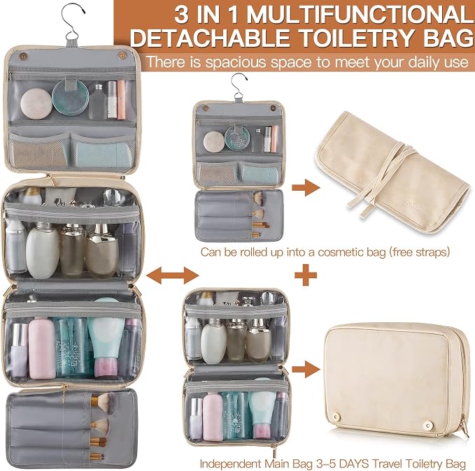 Elviros Hanging Travel Toiletry Bag for Women Vegan Leather (Beige) | 3-in-1 Waterproof Makeup Bag with Compartments for Skincare, Toiletries, Accessories, and Travel Essentials