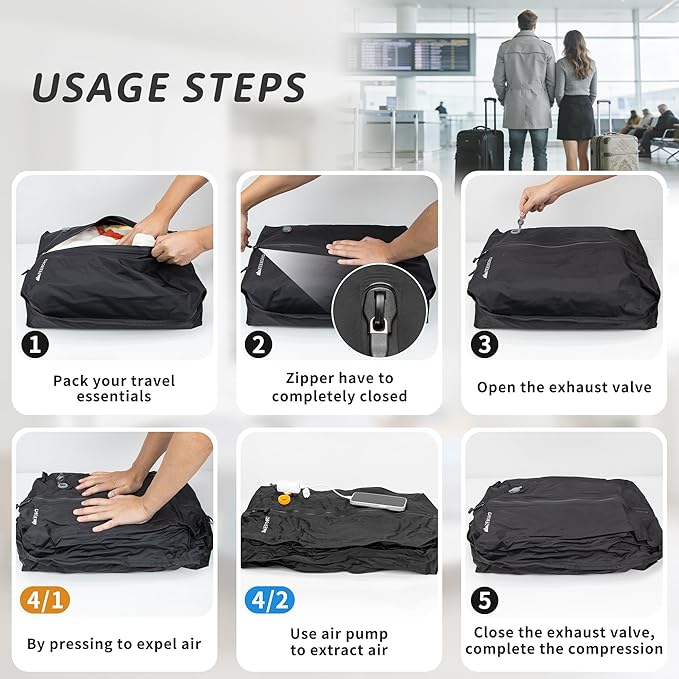 Vacuum Bag for Travel, Professional IPX8 Waterproof Reusable Vacuum Compression Bags for Travel Suitcases, Upgraded Durable Space Saver Bag(3 PACK Navy Blue,with pump)
