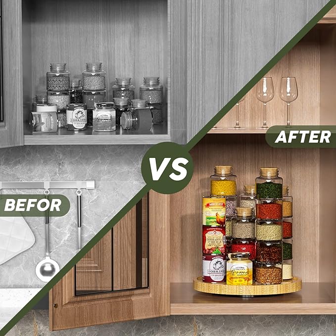 Lazy Susan Organizer, 10 Inch Non-Skid Bamboo Turntable Organizer | Salt Pepper Olive Oil and Spices Next to Stove, Wooden Lazy Susan for Table or Kitchen Countertop Organizer