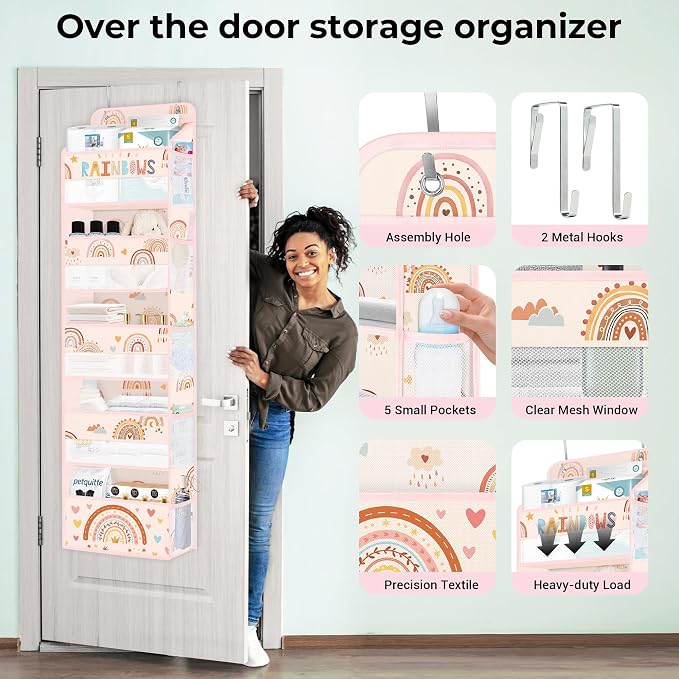 Clastyle Over the Door Organizer Diaper Toy Nursery Hanging Shelf, Boho | Pink Rainbow, 5-Tier Clear Window Mesh Pocket 44 lbs Weight Capacity, Behind Door Storage, Bedroom Bathroom Closet Pantry