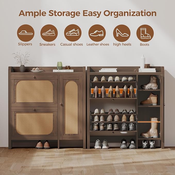 Mericonia Shoe Cabinet Storage for Entryway with 2 Flip Drawers(3-Tier), Rattan Freestanding with Door & 3 Adjustable Shelve,Hidden Shoe Rack Organizer for Hallway, Foyer