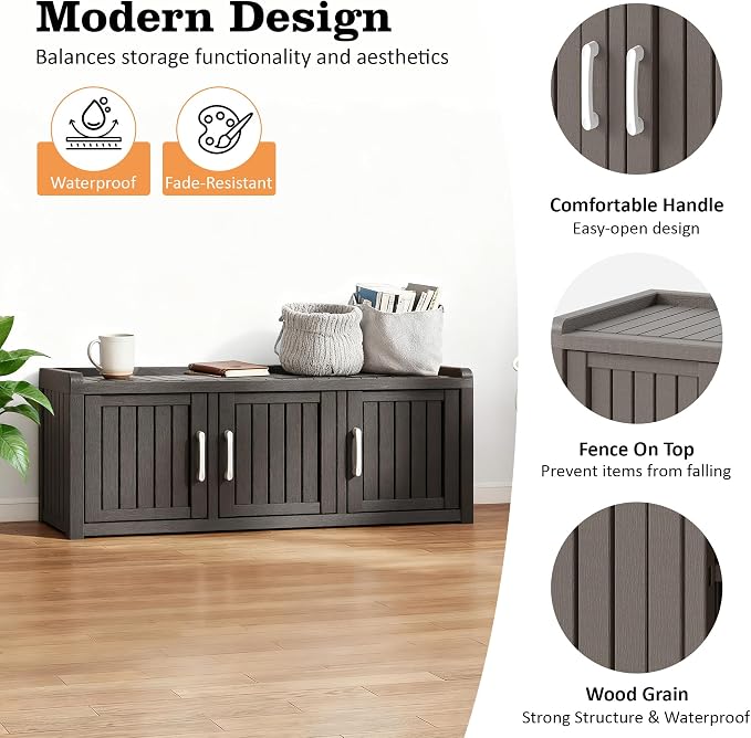 2-Tier Storage Bench, Waterproof UV-Resistant Outdoor Shoe Storage Cabinet with 3 Doors & Adjustable Shelves for Indoor Outdoor Entryway, Hallway, Living Room (Classic Gray)