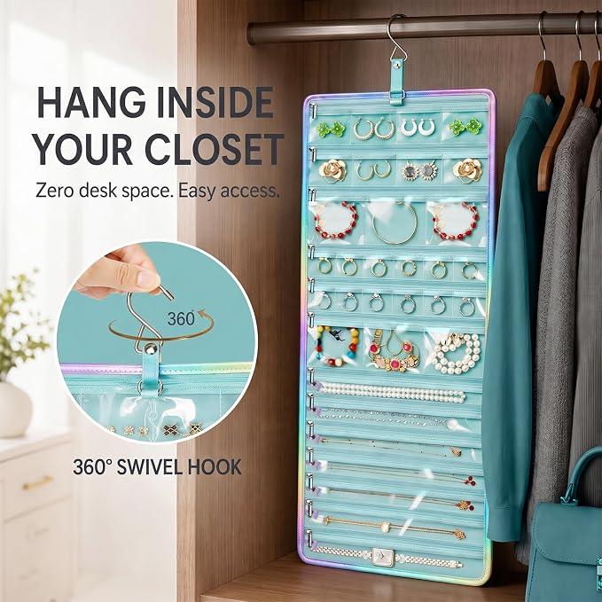 32-Pocket Hanging Jewelry Organizer and Foldable Travel Roll | Clear Zippered Pockets, Necklace Clasps, Swivel Hook and Carry Buckle Keep Pieces Visible and Tangle-Free, Green