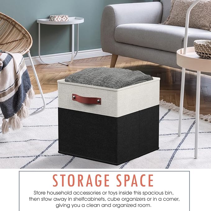 Ornavo Home 13x13 Foldable Fabric Storage Cube Bins, 6 Pack, White/Black | Collapsible Linen Shelf Basket Organizer; Leather Handles; Ideal Cube Storage For Closet