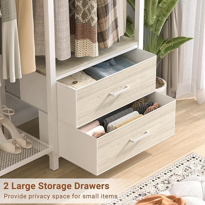 78.7'' Clothes Rack for Hanging Clothes - Reversible Clothing Rack with 2 Drawers, Heavy Duty Garment Racks with Shelves, 6 Tiers Freestanding Closet Wardrobe System with Hanging Hooks, White Oak