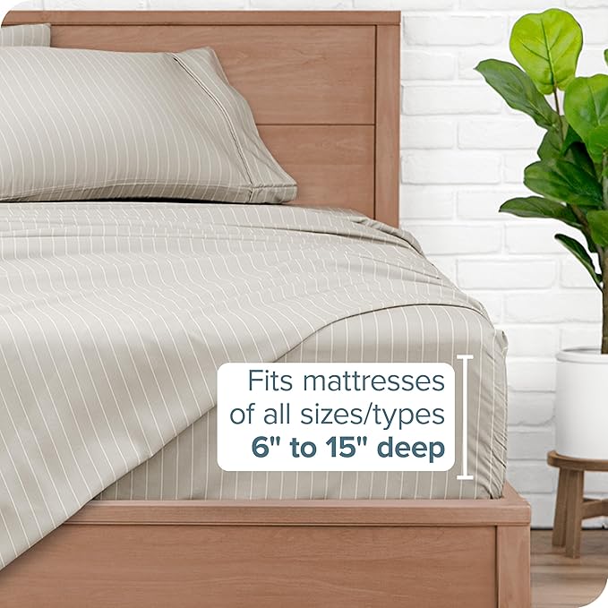 Bare Home Twin Sheet Set - Luxury 1800 Ultra- Soft Double Brushed Microfiber - Deep Pockets - Easy Fit - 3 Piece Bedding Sheet Set (Twin, Pinstripe - Stone/White)