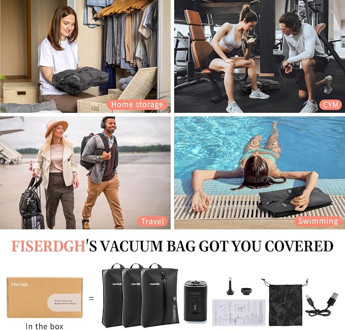 Travel Sealed Compression Bag Set with Illuminated Electric Pump | Odor-Proof and Waterproof Nylon Portable Bags, Space-Saving, Suitable for Onebag Travel, Cycling Trips, Dry/Wet Separation
