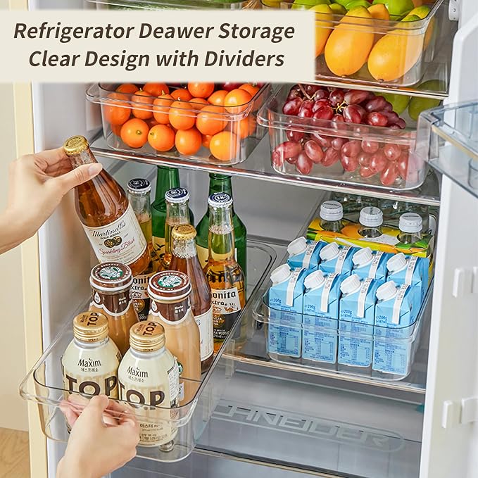 Roll-Out Refrigerator Organizers and Storage, 3 Pack Drawer Fridge Bins | Adjustable Dividers, Custom Compartments, Silicone Wheels, Smooth Sliding on Glass Shelves, Thick Plastic, Built-In Handle