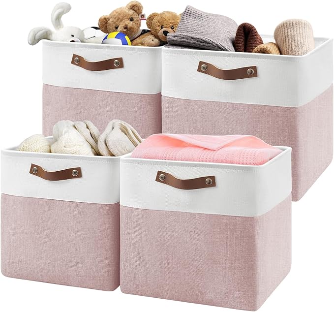 Patvingot Fabric Storage Cubes 13", 4 Pack, with PU Pull Handles,Foldable | For accessories on cube shelves or in closets; reinforced opening, pull-out access, folds flat when empty,white and pink