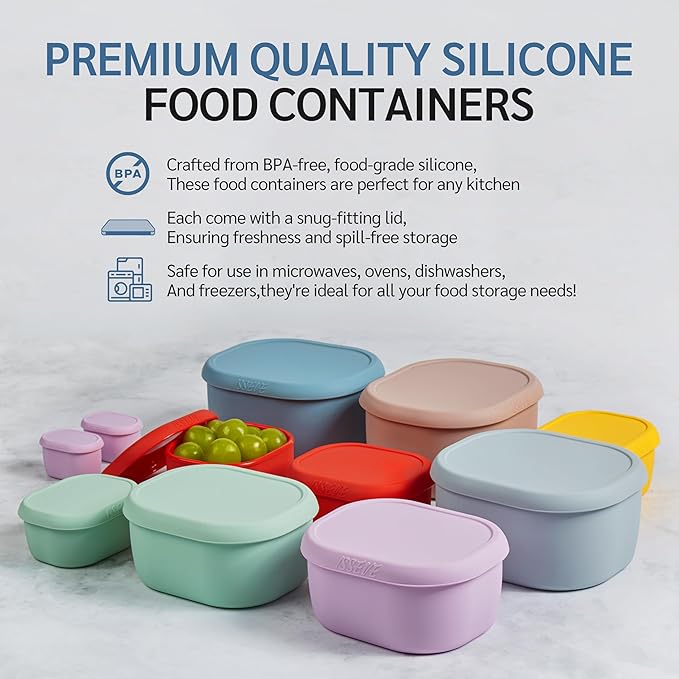 ISSEVE 12Pcs/Set Nesting Silicone Food Storage Containers with Lids, BPA Free Reusable Meal Prep Silicone Containers Airtight, Freezer Dishwasher Safe (33.8oz, 20oz, 10oz, 6.7oz, 1.3oz) (Pink)