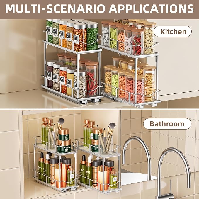 Bunoxea Pull Out Spice Rack 2 Pack,Slide Out Cabinet Spice Rack,Silver | 2-Tier Rack, Full Extension Ball Bearing Glides, 10.7"Dx4.8"Wx8.85"H, Kitchen Pantry,Narrow Cabinet Spice Storage Organizer