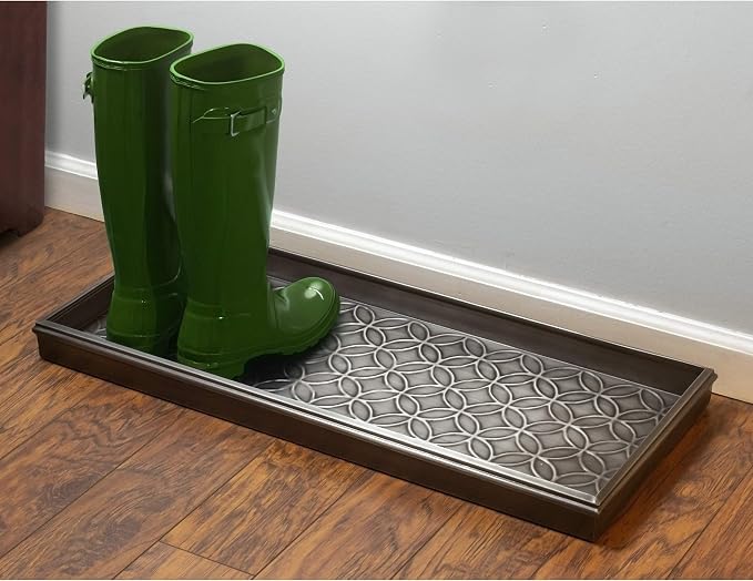 Good Directions Medium Boot Tray, Double Circles Multi-Purpose All Weather Decorative Tray, Shoes, Plants, Pet Bowls, 30x13x2 Inch, Dark Zinc Gray Steel