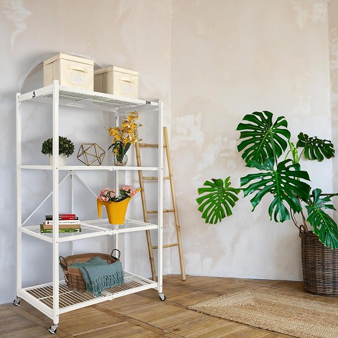 Origami R5 4-Shelf Heavy-Duty Folding Storage Rack, White - Large Foldable Metal Shelving Unit with Wheels for Garage, Pantry, Basement, Laundry Room or Warehouse