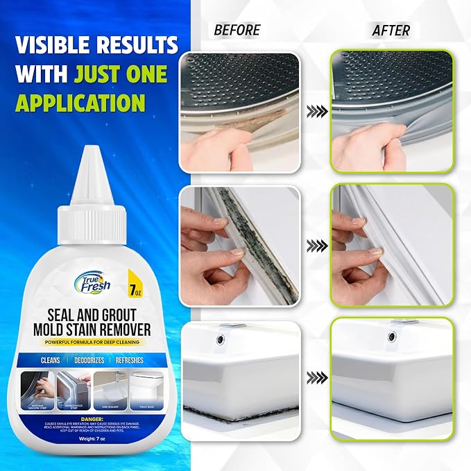 True Fresh Heavy Duty Mold Stain Remover Gel, 7 oz | Powerful Cleaner, For Front Loader Washing Machine Seals, Bathroom Grout, Shower Caulking, Tiles & More