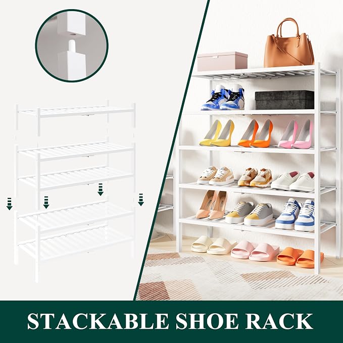 Smiry Bamboo Shoe Rack, 5 Tier Free Standing Wooden Shoe Organizer, Stackable Wood Shoe Storage Shelf for Closet, Entryway, 14 Vertical Slats, 2+2+1 Stack Heavy-Duty Legs, 26.8"x11"x32.5", White