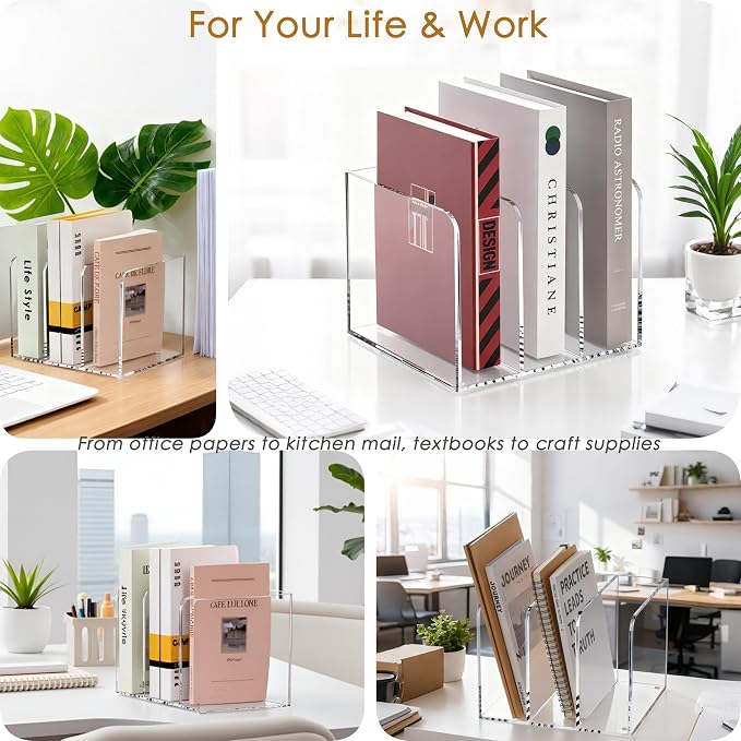 SANRUI Clear Acrylic File Organizer - 3 Compartments Magazine Holder, Vertical File Sorter for Home Office/Classroom/Dorm, Non-Slip Desk File Rack, No Assembly Required, B5 Size