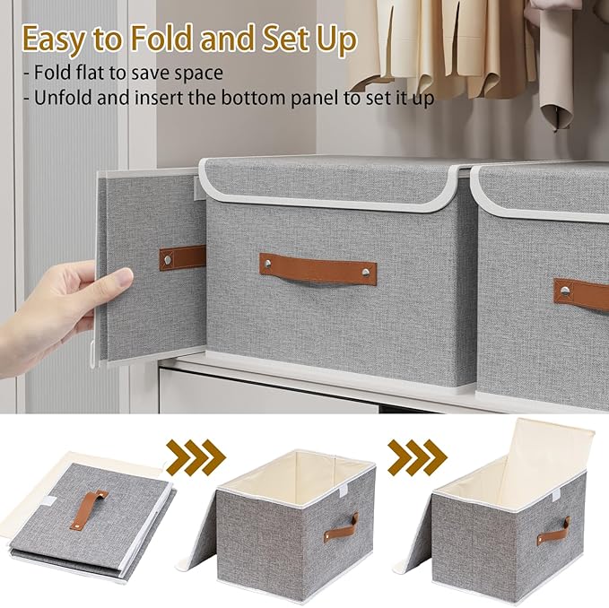 Yawinhe Collapsible Storage Boxes, Foldable Bin with Lids, Cube Clothes Organizer Basket with Handles, Grey, 13.0''Lx9.0''Wx7.9''H, 1-Pack, SNK024GS-1