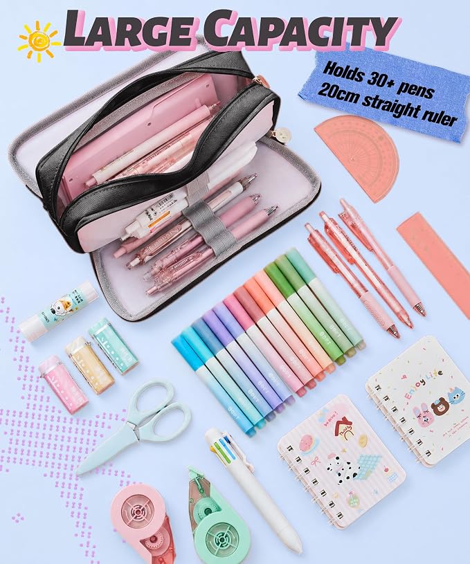 FAHZON Cute Pencil Case, 3 Large Compartments Pencil Pouch, Elastic Pen Slots&Mesh Pockets for Stationery, Pencil Bag for School Supplies with Zipper for Girls Boy Women Teens Adults-Black