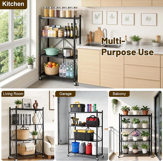 4 Tier Foldable Storage Shelves on Wheels, Heavy Duty Metal Shelving Unit, No Assembly Required for Kitchen, Garage, Pantry, Basement, Bookshelf, Black