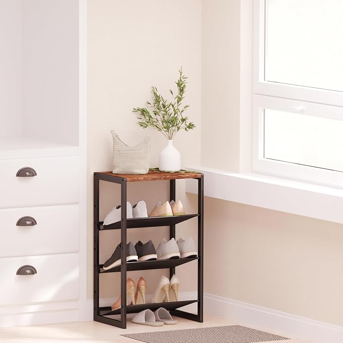 CHEMPFR Narrow 4-Tier Shoe Rack, Slim Space-Saving Shelf with Decorative Wood Top & Steel Mesh, Entryway/Closet/Dorm Organizer, 16.5x11.8x27.9 Inches