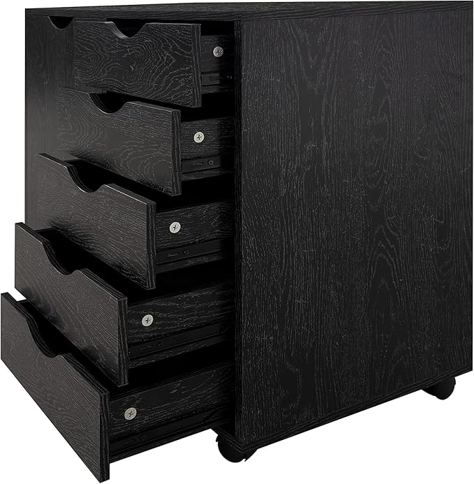 Naomi Home Wooden 5 Drawer Dresser with Cabinet Shelves and Wheels, Drawer Dresser for Bedroom Closet and Dressing Room Storage in Distressed Black