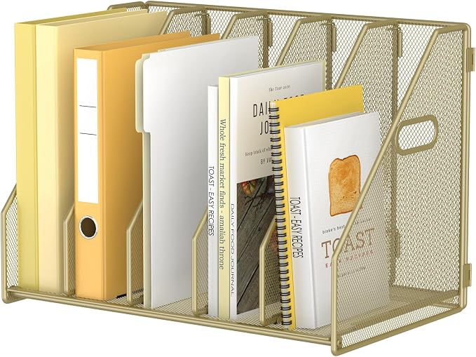MINDEPOT Desk File Organizer Metal Desk Magazine Folder Holder with 5 Vertical Compartments Rack File Organizer for Office, Home, School (Gold)